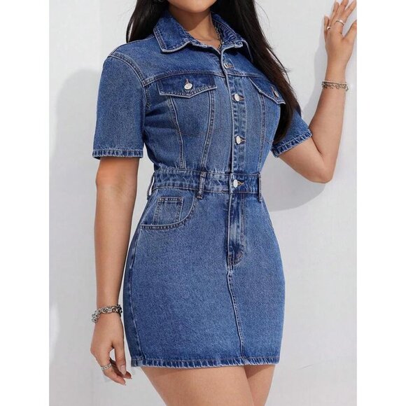 Women's Denim Dress Short Sleeve Button Babydoll Casual Summer - Picture 2 of 2